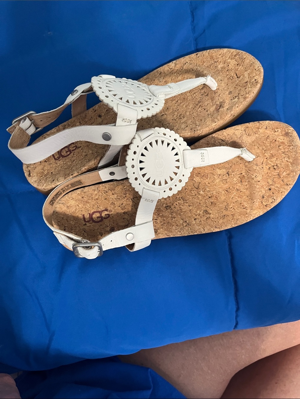 UGG White Cork Footbed Decorative T-Strap Sandals